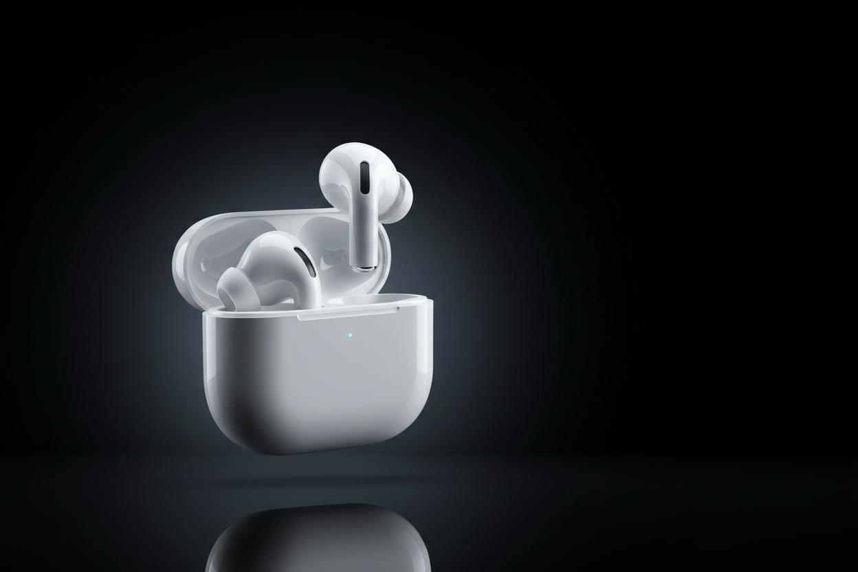 A luxury product hero image for a premium earbuds brand called AURAVEX. 
Black background with soft gradient lighting and deep shadows. 
Focus on white wireless earbuds placed inside an open charging case, floating slightly or placed elegantly at center-left. 
Soft studio lighting with realistic reflections and smooth highlights. 
Minimal, modern, Apple-style photography look. 
High contrast between matte black background and glossy white earbuds. 
No text, no logo, no watermark. 
Ultra high detail, ultra r